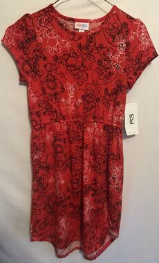 LuLaRoe Disney Mae Girls Dress Size 12 Red Mickey Minnie Mouse Scribble Pockets